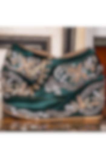 Dark Green Satin Hand Embroidered Sneaker Wedges by TIESTA at Pernia's Pop Up Shop