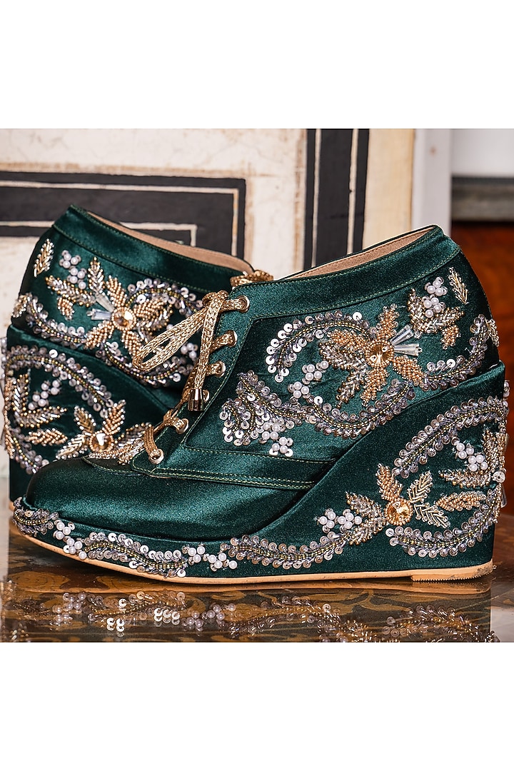 Dark Green Satin Hand Embroidered Sneaker Wedges by TIESTA at Pernia's Pop Up Shop