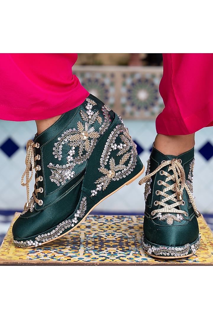Dark Green Satin Hand Embroidered Sneaker Wedges by TIESTA at Pernia's Pop Up Shop