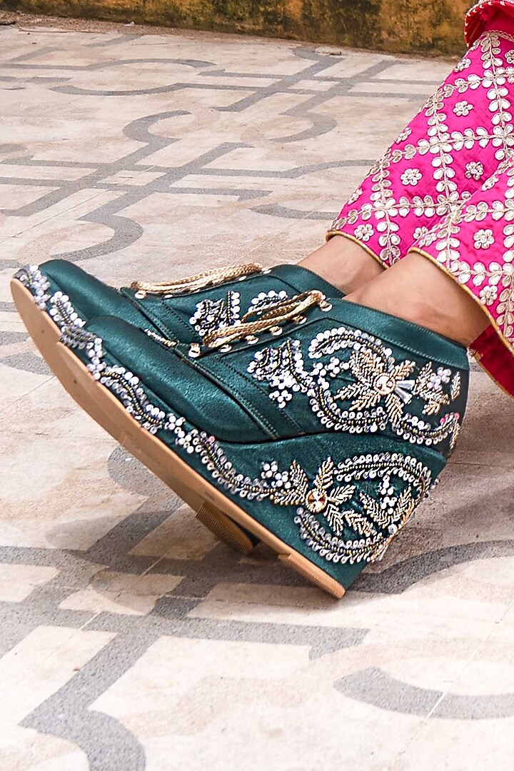 Dark Green Satin Hand Embroidered Sneaker Wedges by TIESTA at Pernia's Pop Up Shop
