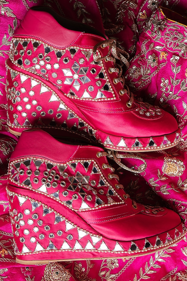 Pink Satin Mirror Embroidered Sneaker Wedges by TIESTA at Pernia's Pop Up Shop