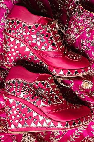 Pink Satin Mirror Embroidered Sneaker Wedges by TIESTA