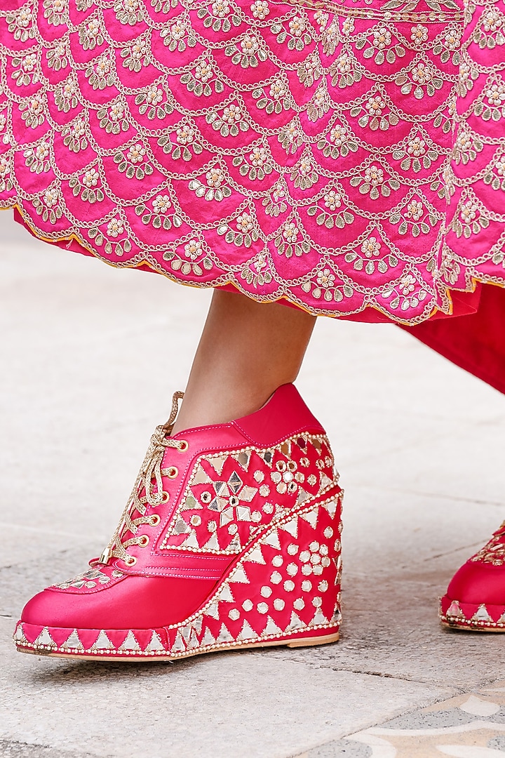 Pink Satin Mirror Embroidered Sneaker Wedges by TIESTA at Pernia's Pop Up Shop