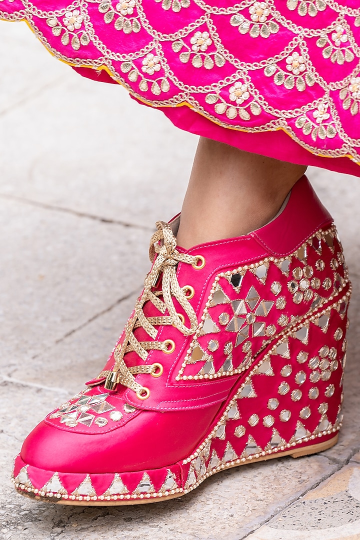 Pink Satin Mirror Embroidered Sneaker Wedges by TIESTA at Pernia's Pop Up Shop