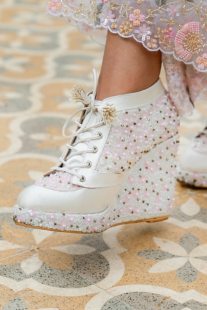 White Satin Floral Embroidered Sneaker Wedges by TIESTA at Pernia's Pop Up Shop