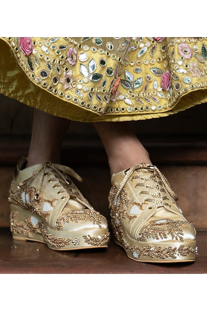 Gold Faux Leather Hand Embroidered Sneakers by TIESTA at Pernia's Pop Up Shop