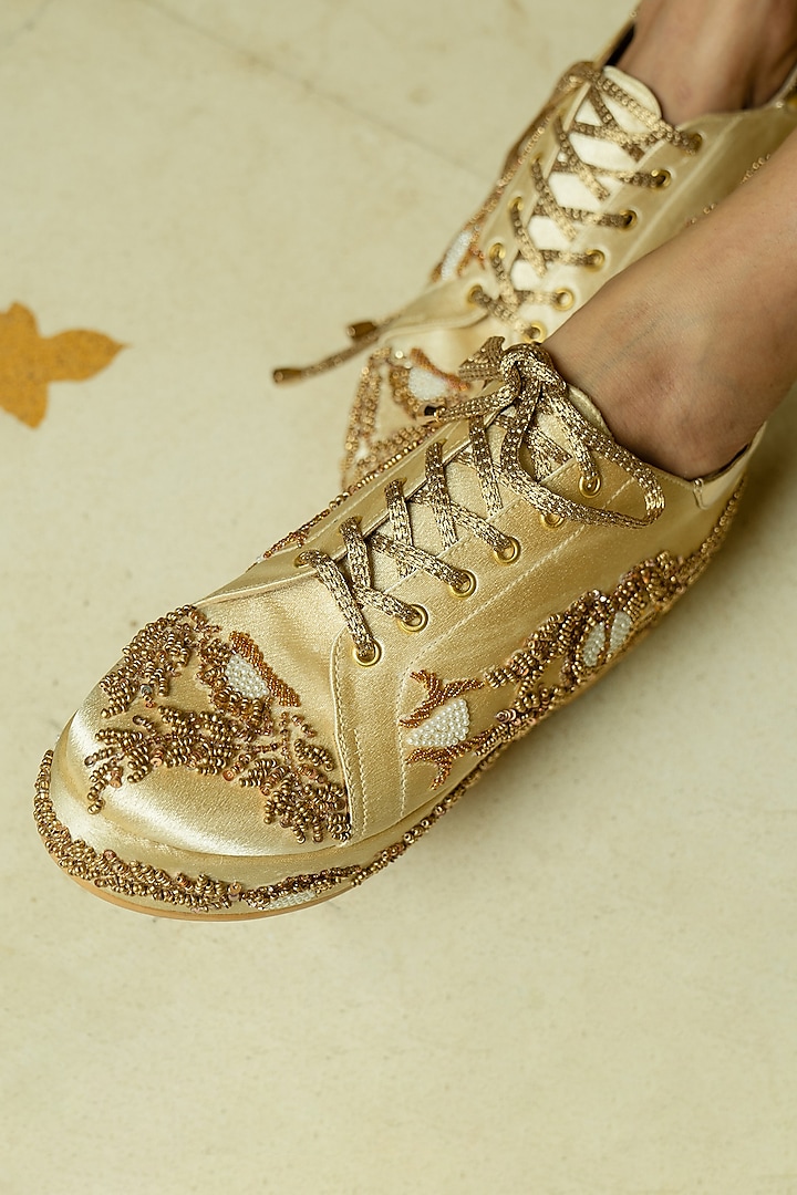 Gold Faux Leather Hand Embroidered Sneakers by TIESTA at Pernia's Pop Up Shop