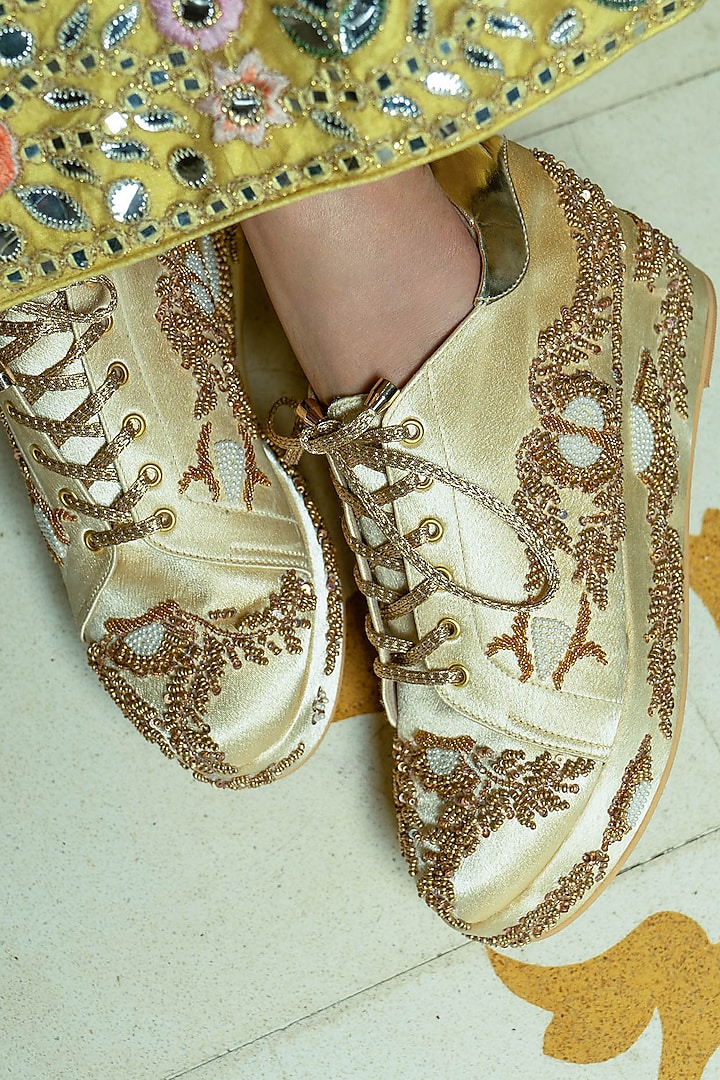 Gold Faux Leather Hand Embroidered Sneakers by TIESTA at Pernia's Pop Up Shop