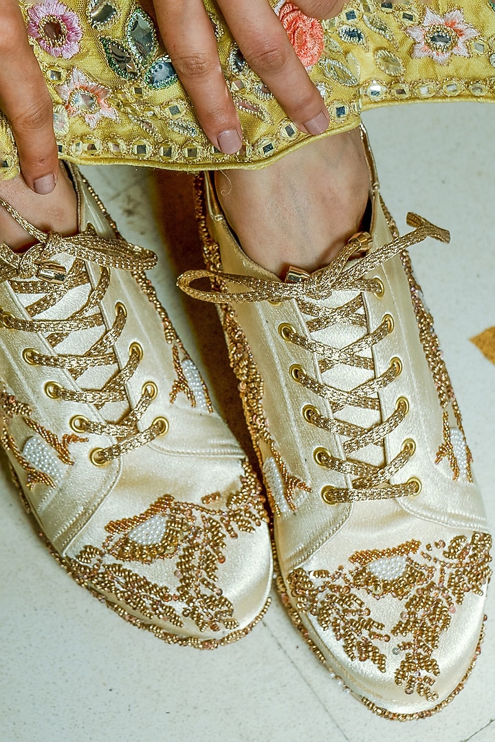 Gold Faux Leather Hand Embroidered Sneakers by TIESTA at Pernia's Pop Up Shop