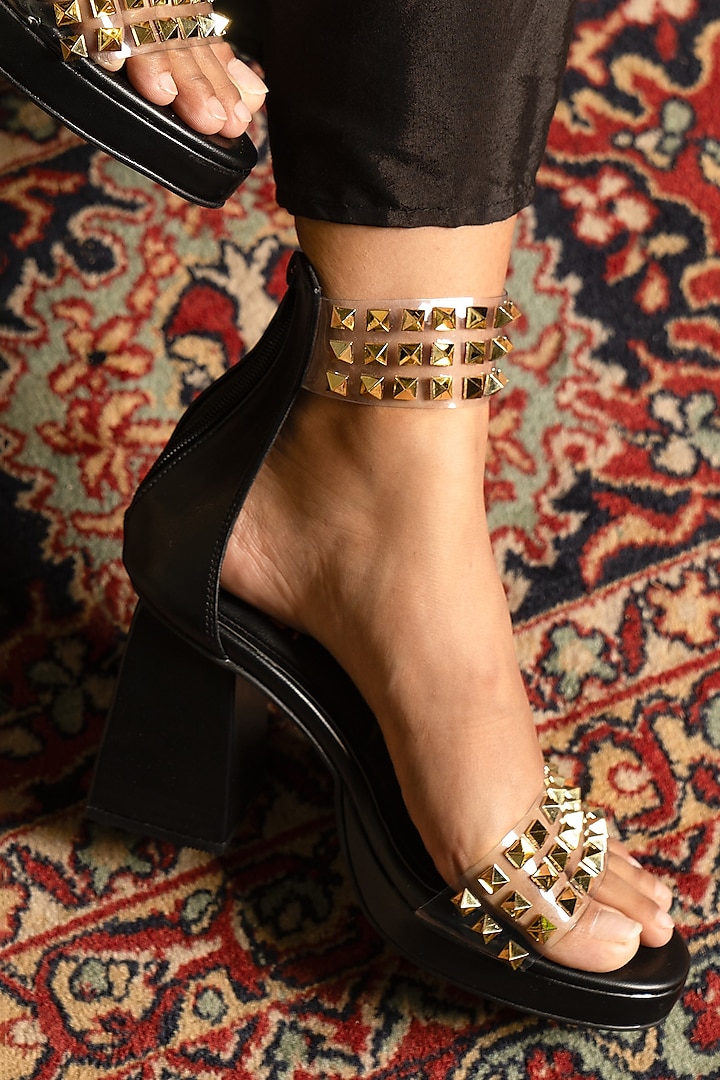 Black Faux Leather Hand Embroidered Block Heels by TIESTA