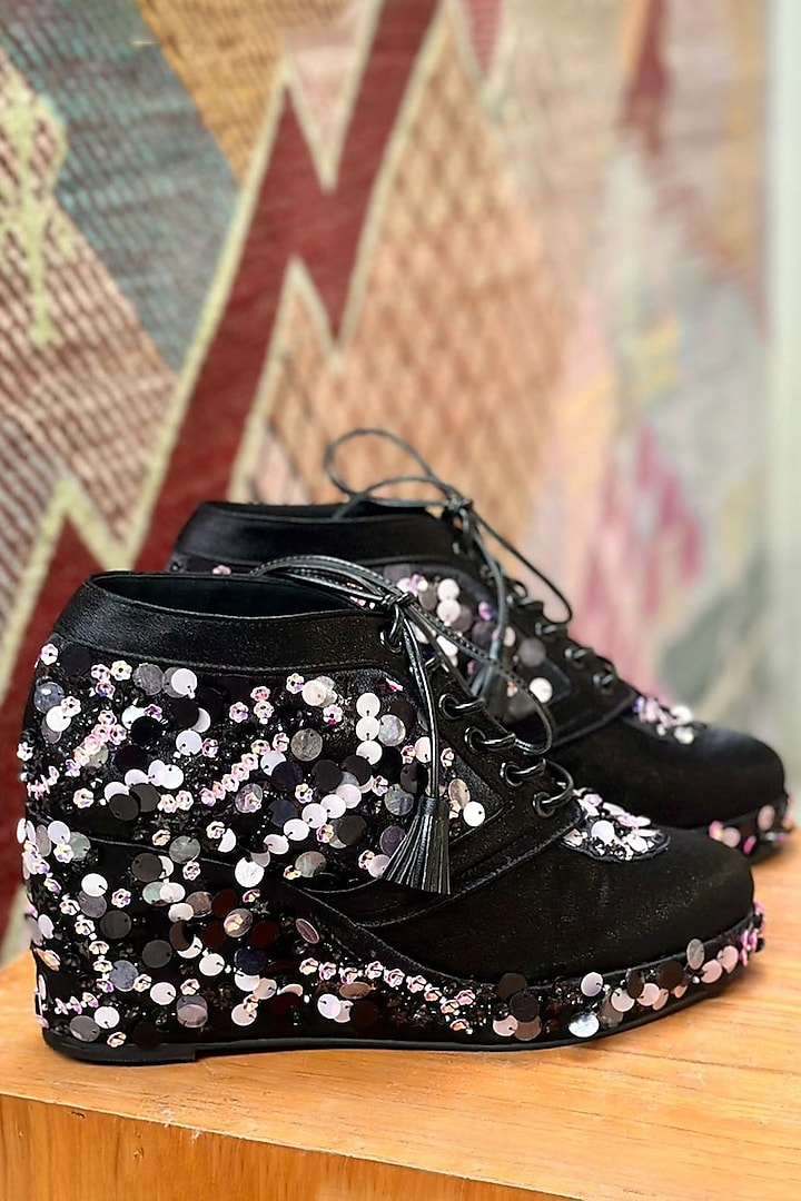 Black Satin Sequins Embroidered Sneaker Wedges by TIESTA