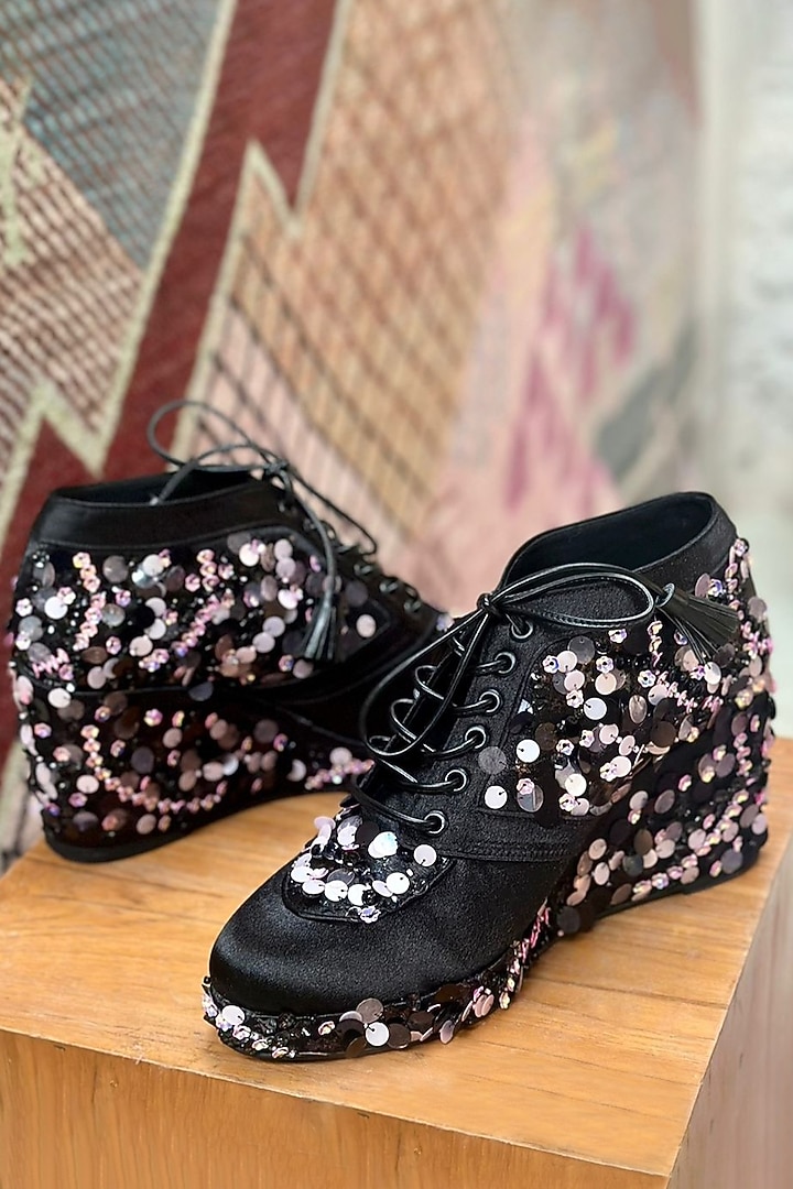 Black Satin Sequins Embroidered Sneaker Wedges by TIESTA at Pernia's Pop Up Shop