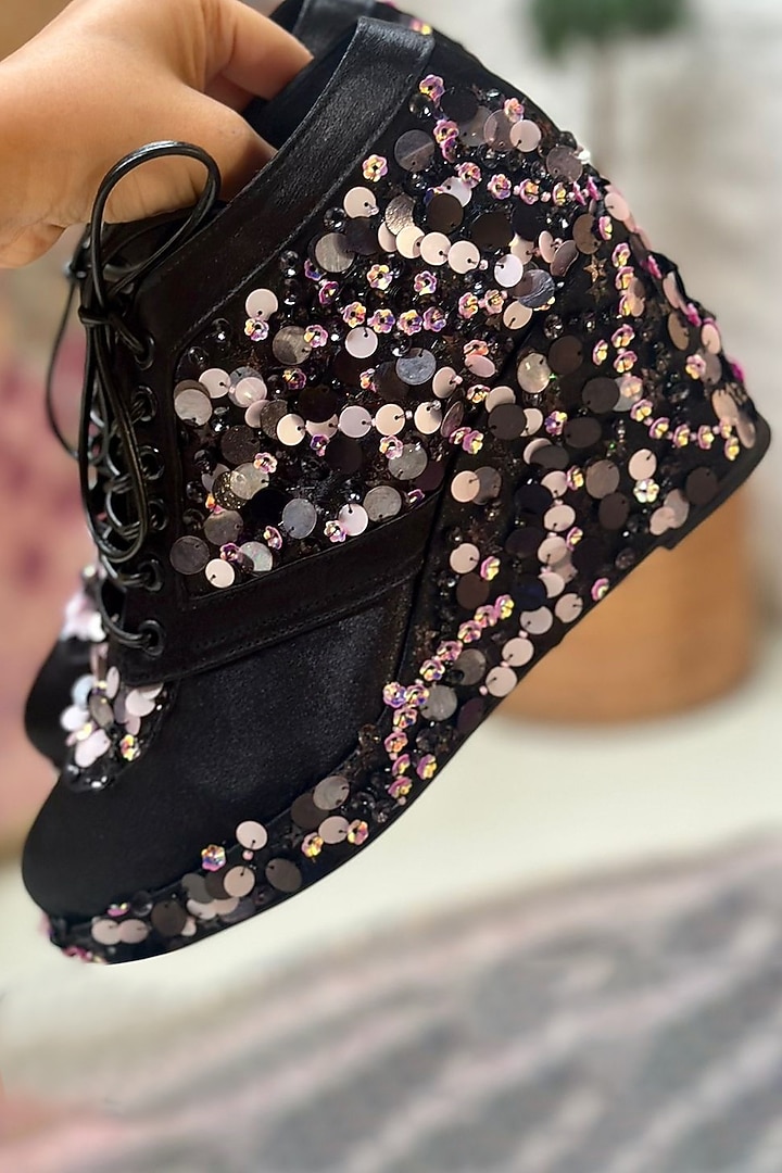 Black Satin Sequins Embroidered Sneaker Wedges by TIESTA at Pernia's Pop Up Shop