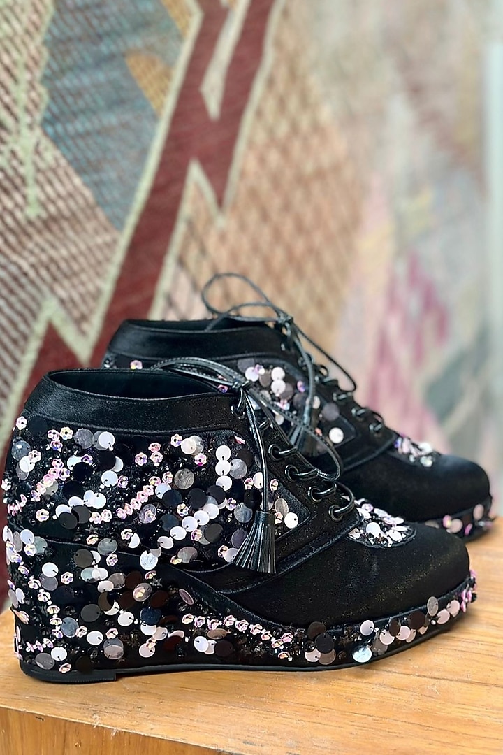 Black Satin Sequins Embroidered Sneaker Wedges by TIESTA at Pernia's Pop Up Shop