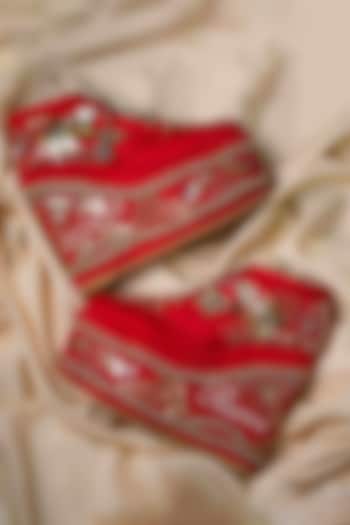 Red Faux Leather Hand Embroidered Sneaker Wedges by TIESTA