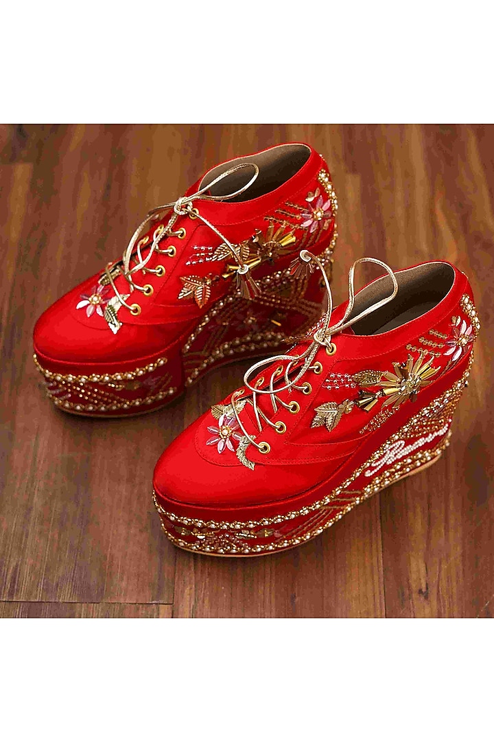 Red Faux Leather Hand Embroidered Sneaker Wedges by TIESTA at Pernia's Pop Up Shop