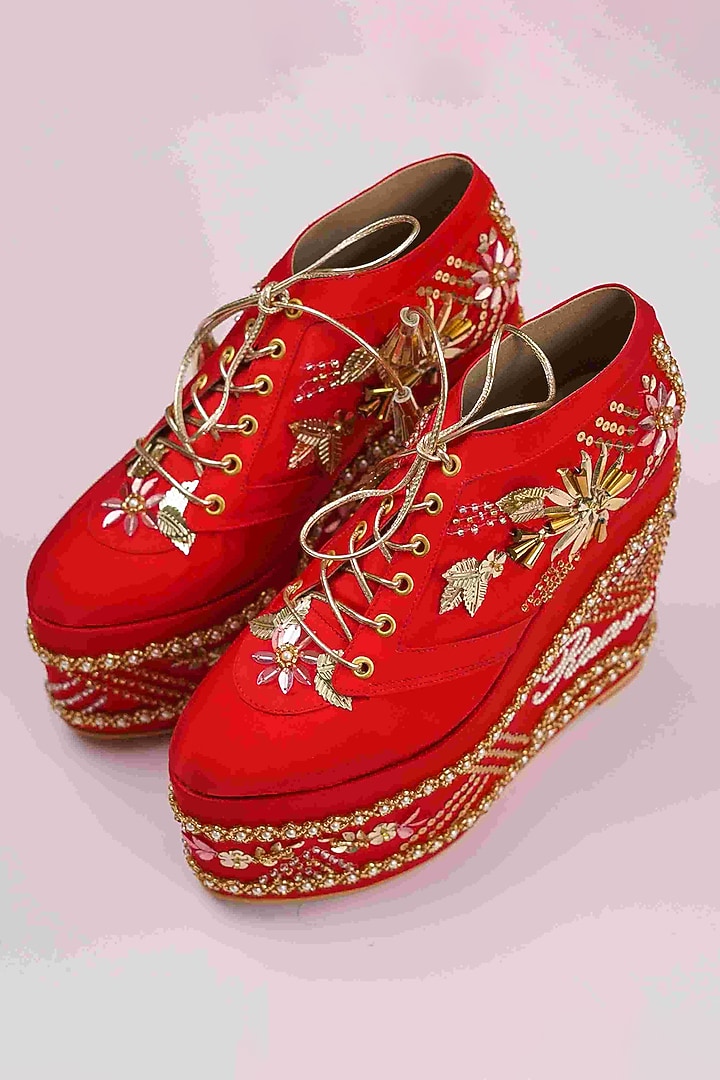 Red Faux Leather Hand Embroidered Sneaker Wedges by TIESTA at Pernia's Pop Up Shop