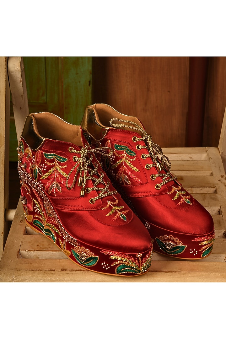 Red Satin Thread Embroidered Wedge Sneakers by TIESTA at Pernia's Pop Up Shop