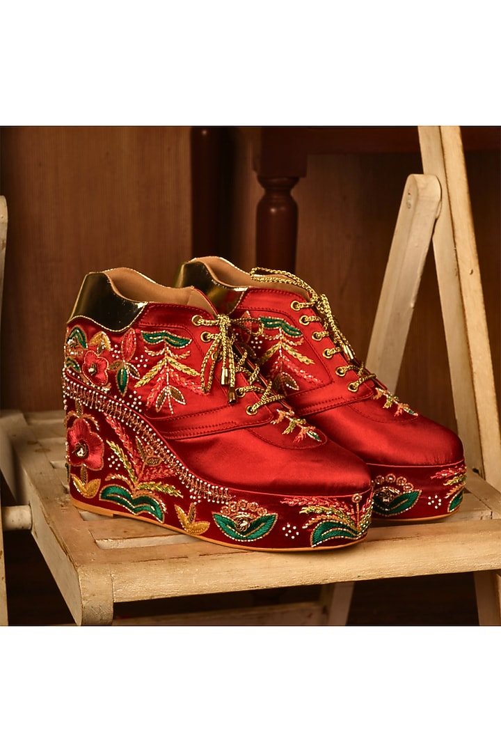 Red Satin Thread Embroidered Wedge Sneakers by TIESTA at Pernia's Pop Up Shop