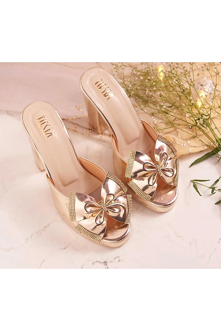 Gold Faux Leather Handcrafted Block Heels by TIESTA at Pernia's Pop Up Shop