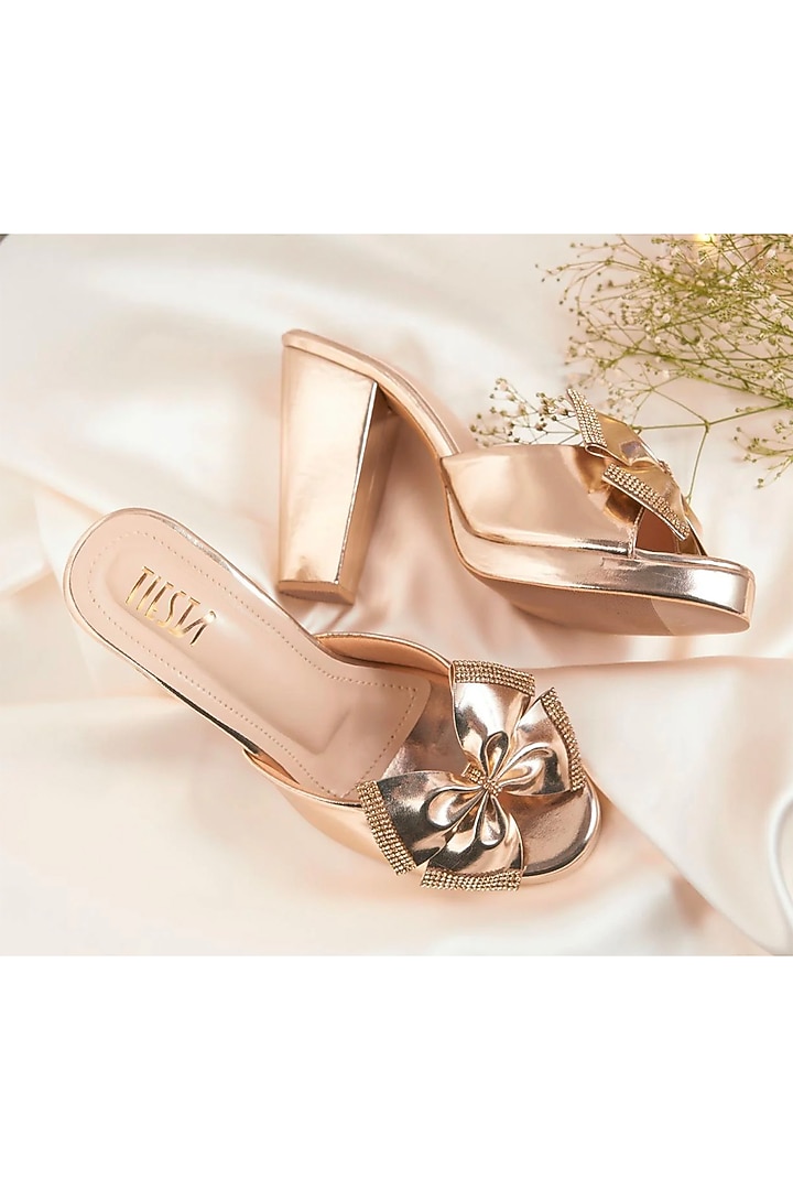 Gold Faux Leather Handcrafted Block Heels by TIESTA at Pernia's Pop Up Shop