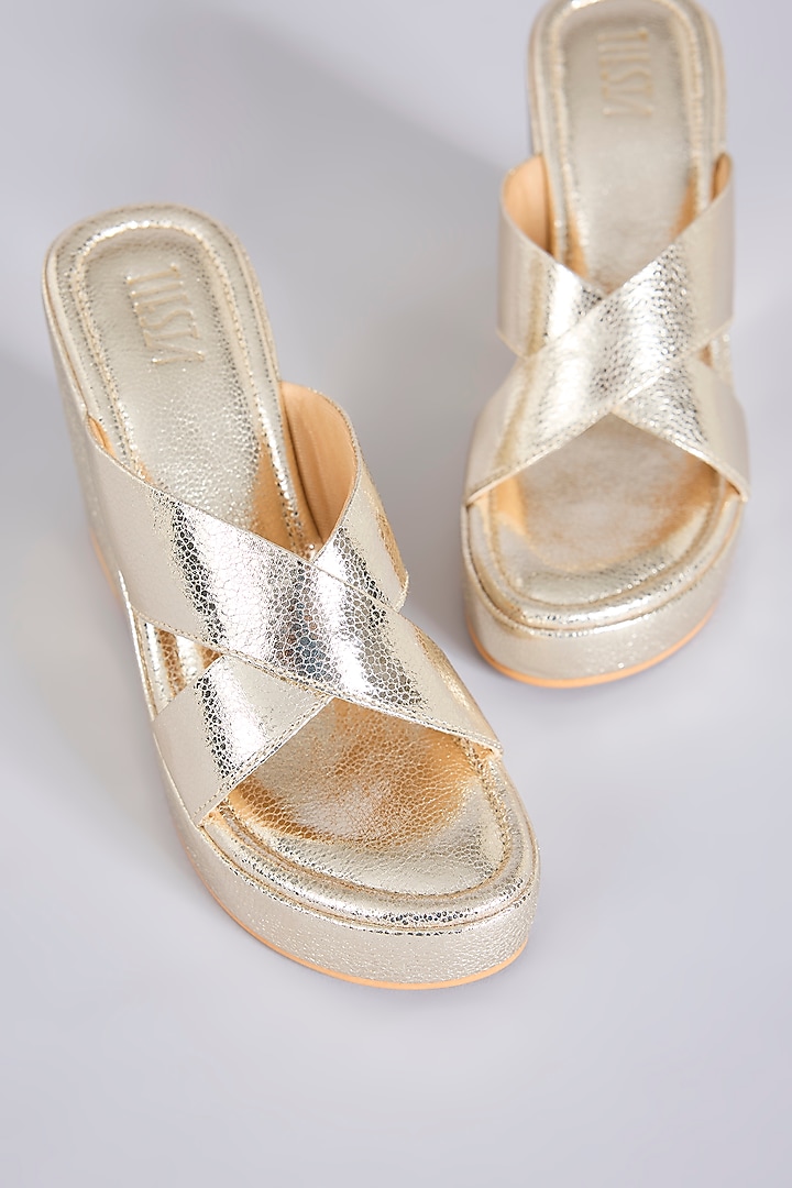Gold Faux Leather Heels by TIESTA at Pernia's Pop Up Shop