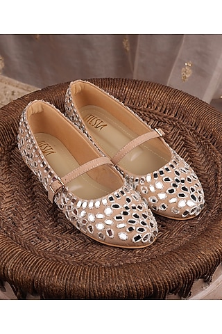 Beige Satin Ballerina Flats by TIESTA