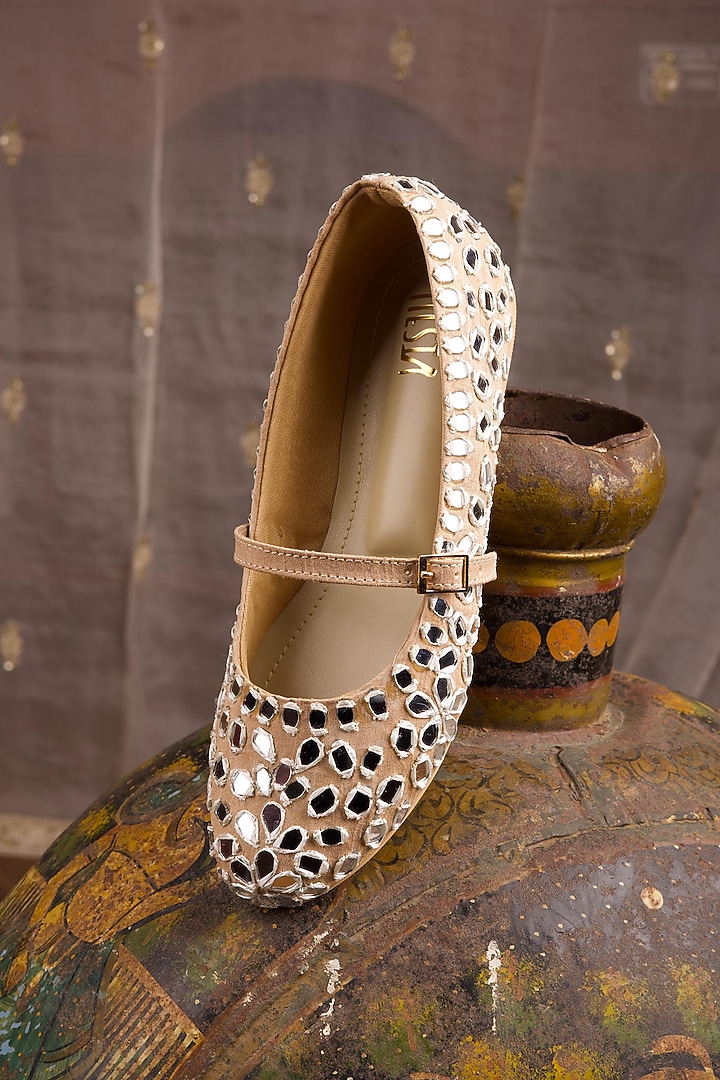 Beige Satin Ballerina Flats by TIESTA at Pernia's Pop Up Shop