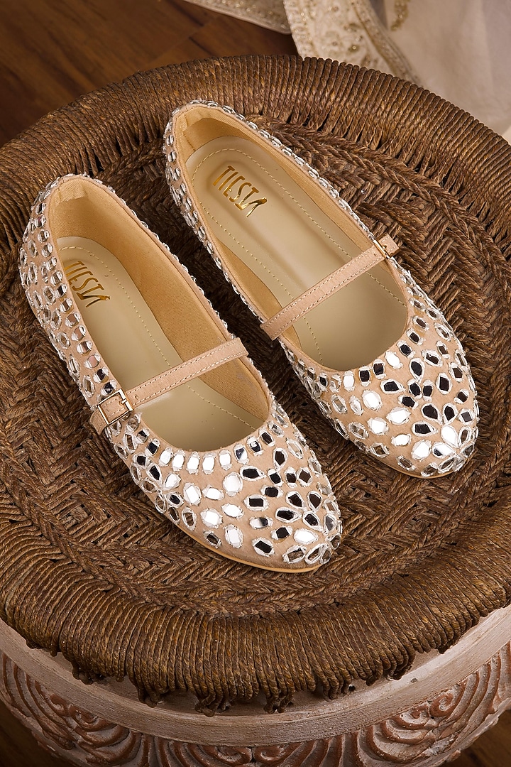 Beige Satin Ballerina Flats by TIESTA at Pernia's Pop Up Shop