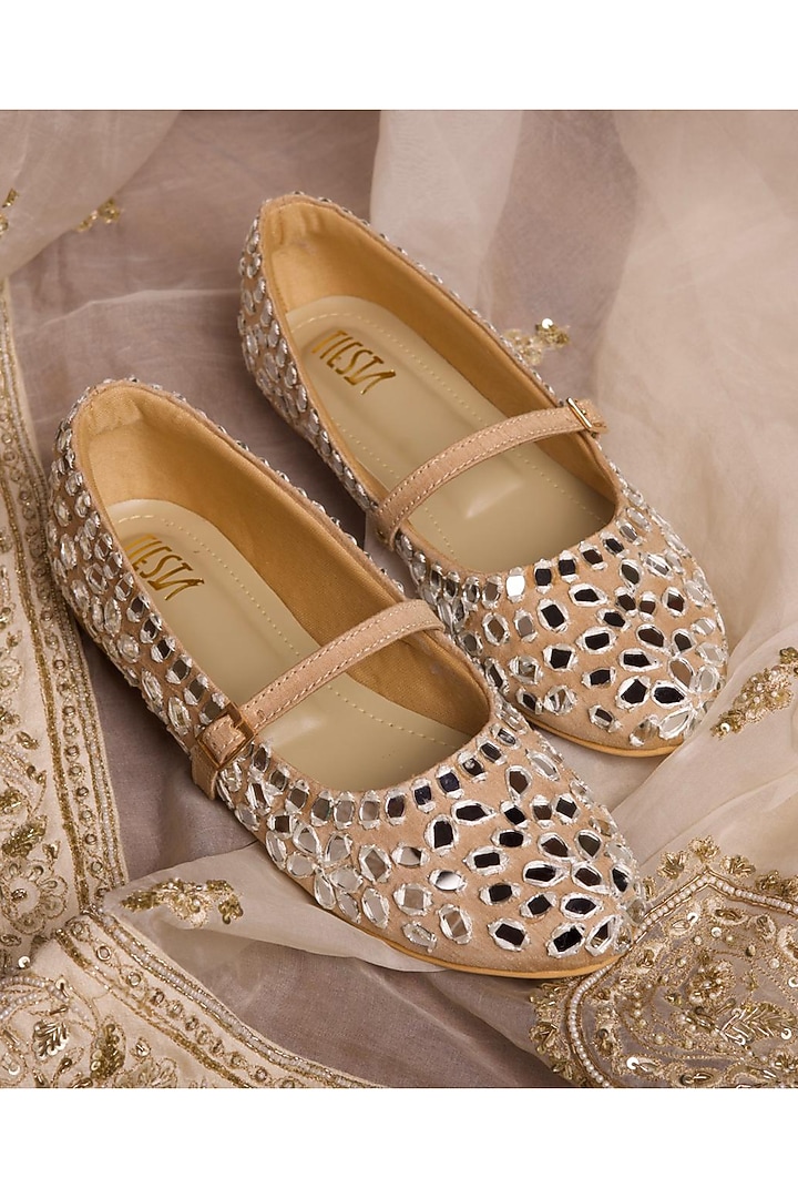 Beige Satin Ballerina Flats by TIESTA at Pernia's Pop Up Shop