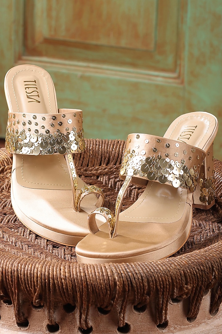 Dark Gold Satin Block Heels by TIESTA at Pernia's Pop Up Shop
