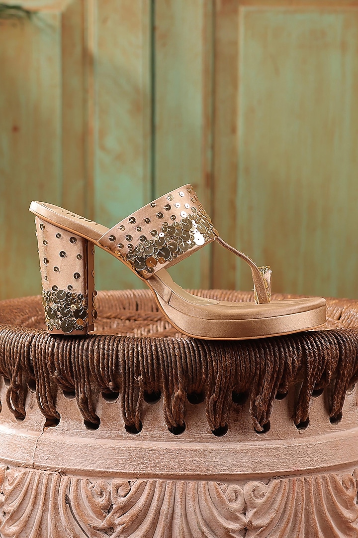 Dark Gold Satin Block Heels by TIESTA at Pernia's Pop Up Shop