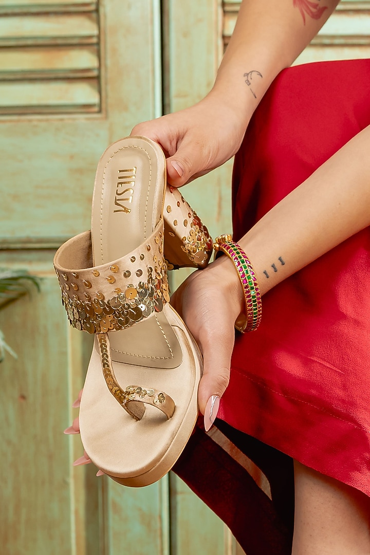 Dark Gold Satin Block Heels by TIESTA at Pernia's Pop Up Shop