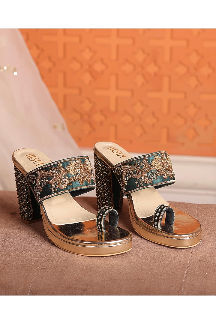 Dark Green Satin Block Heels by TIESTA at Pernia's Pop Up Shop