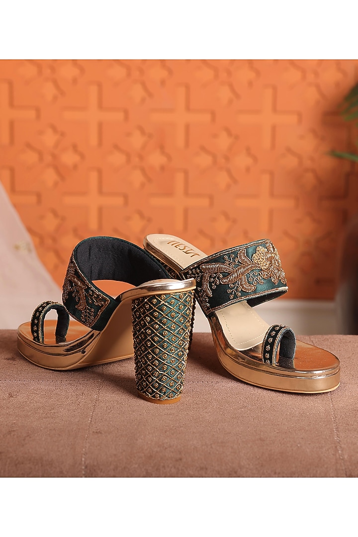 Dark Green Satin Block Heels by TIESTA at Pernia's Pop Up Shop