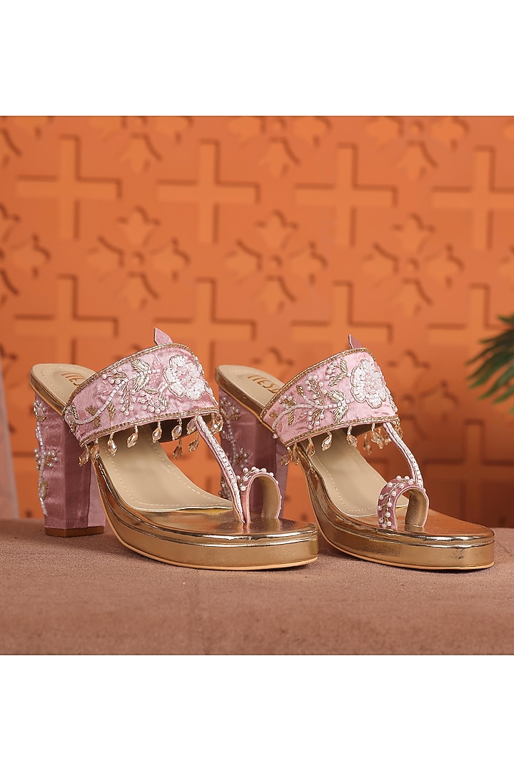 Light Pink Satin Block Heels by TIESTA at Pernia's Pop Up Shop
