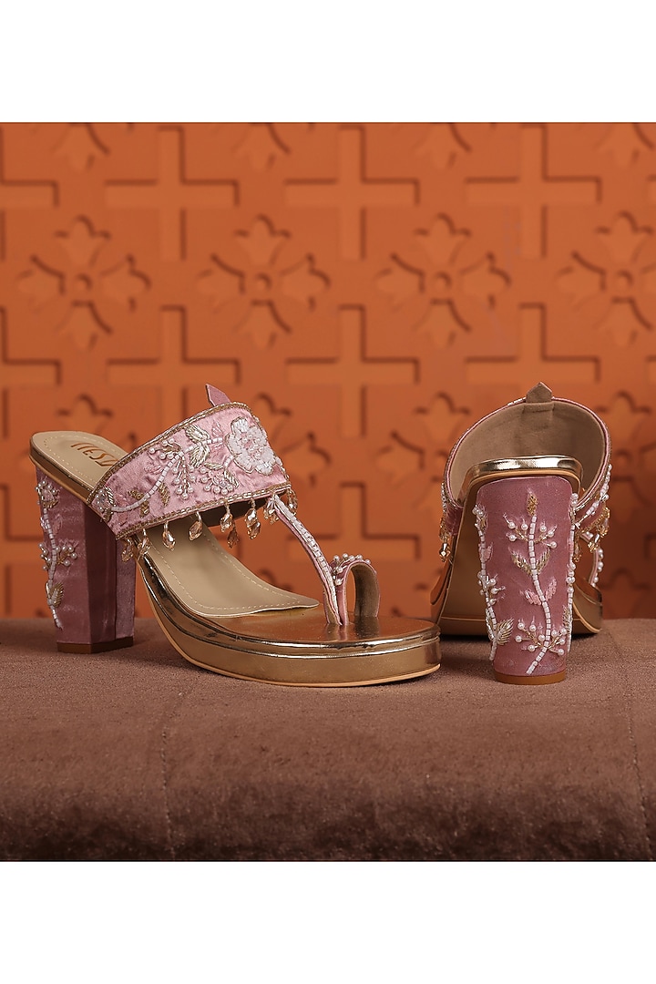 Light Pink Satin Block Heels by TIESTA at Pernia's Pop Up Shop