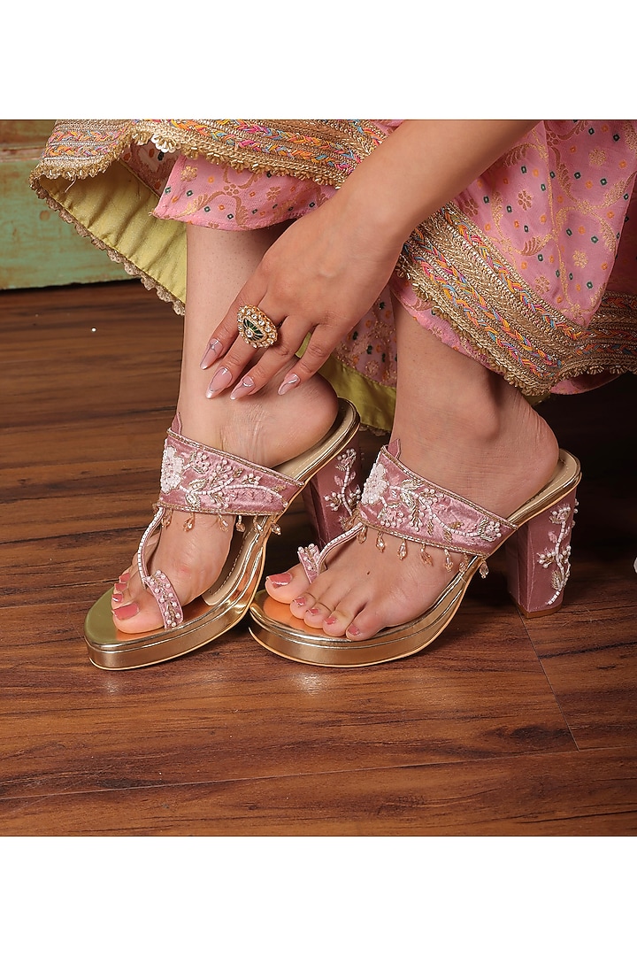 Light Pink Satin Block Heels by TIESTA at Pernia's Pop Up Shop
