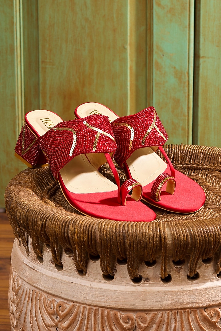 Red Satin Block Heels by TIESTA at Pernia's Pop Up Shop