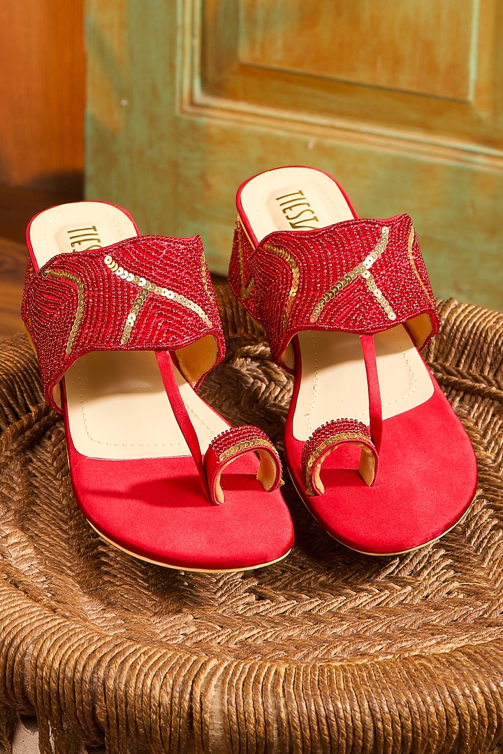 Red Satin Block Heels by TIESTA at Pernia's Pop Up Shop
