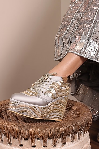 Grey Satin Sneaker Wedges by TIESTA