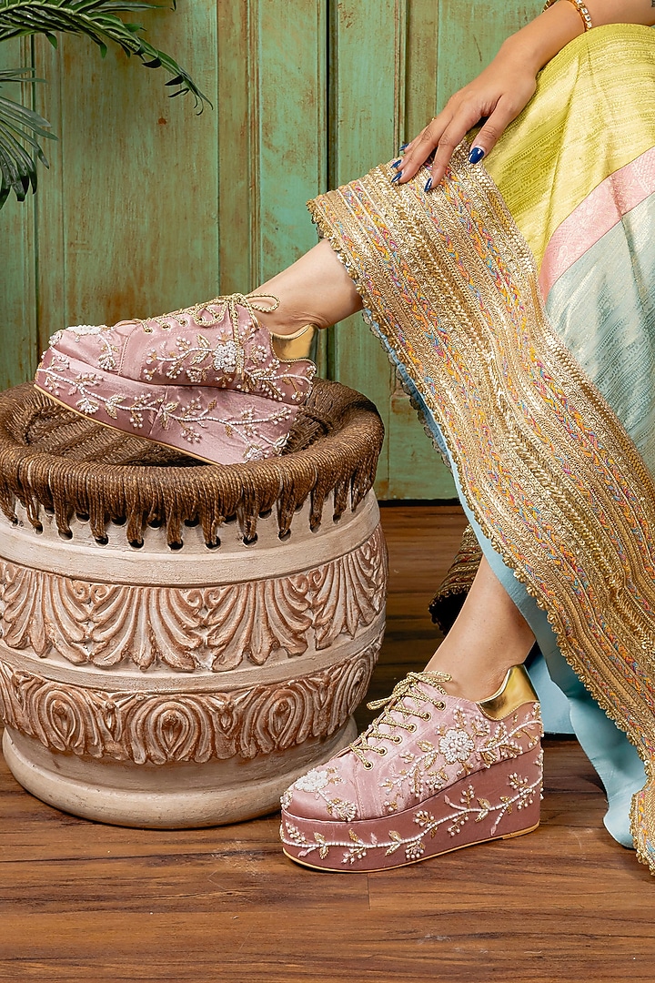 Light Pink Satin Sneaker Wedges by TIESTA at Pernia's Pop Up Shop