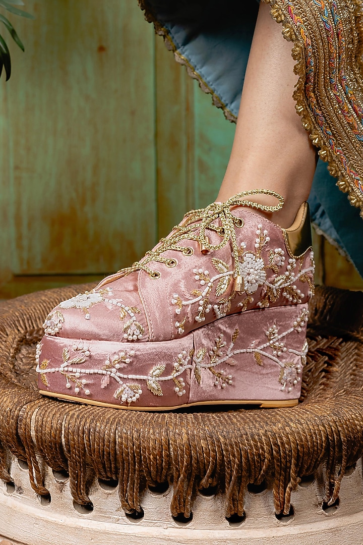 Light Pink Satin Sneaker Wedges by TIESTA at Pernia's Pop Up Shop