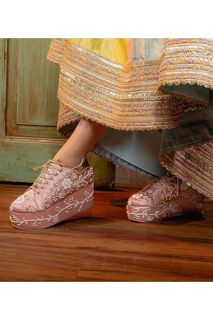 Light Pink Satin Sneaker Wedges by TIESTA at Pernia's Pop Up Shop