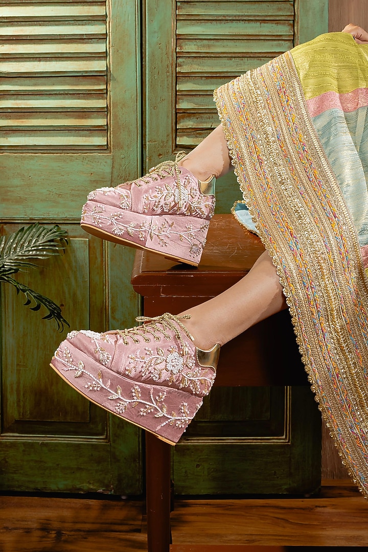 Light Pink Satin Sneaker Wedges by TIESTA at Pernia's Pop Up Shop