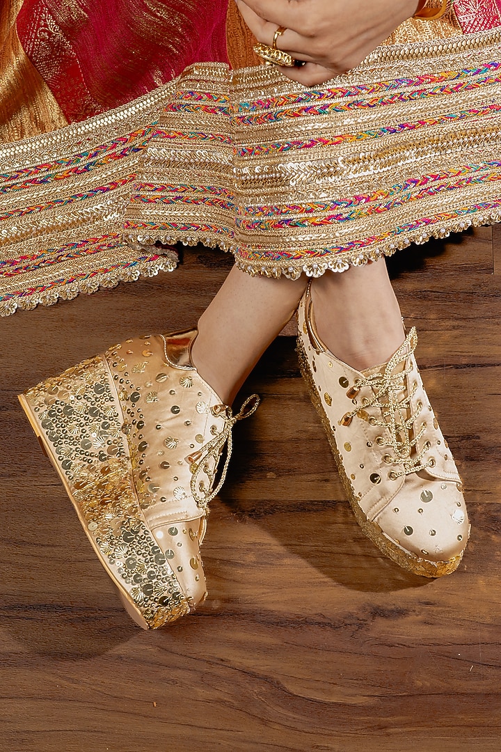 Dark Gold Satin Sneaker Wedges by TIESTA at Pernia's Pop Up Shop