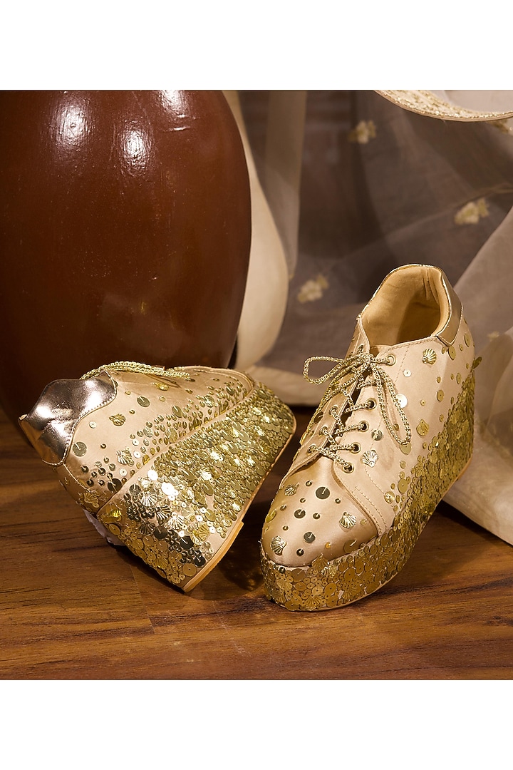 Dark Gold Satin Sneaker Wedges by TIESTA at Pernia's Pop Up Shop