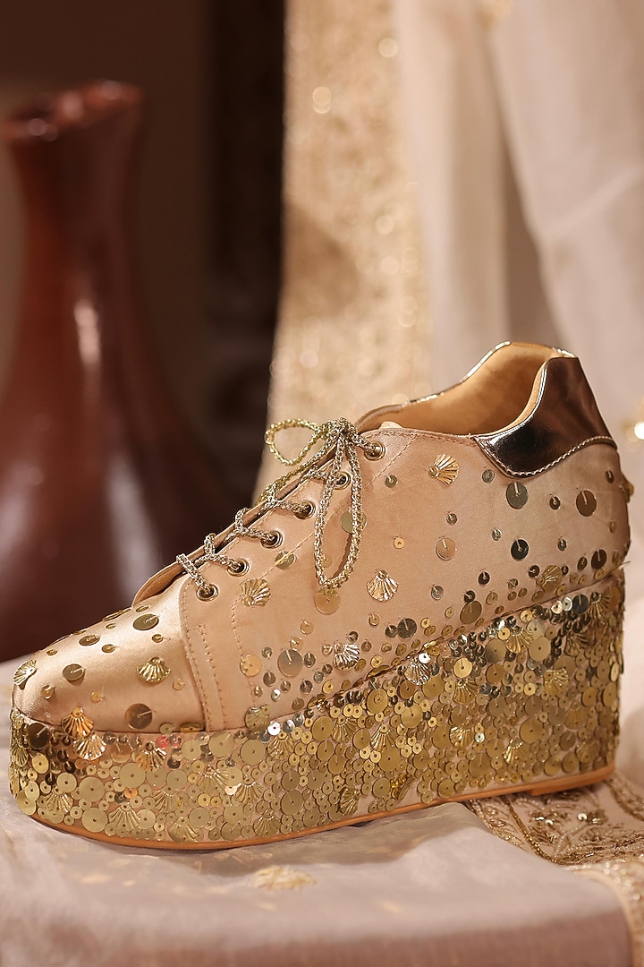 Dark Gold Satin Sneaker Wedges by TIESTA at Pernia's Pop Up Shop