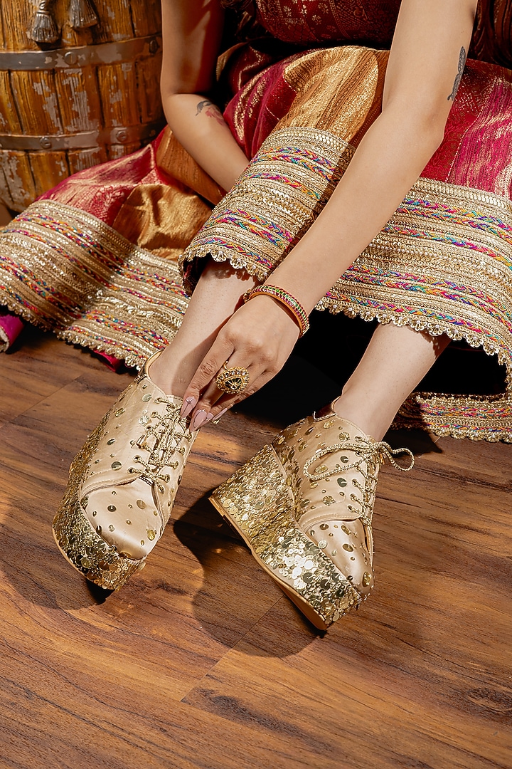 Dark Gold Satin Sneaker Wedges by TIESTA at Pernia's Pop Up Shop