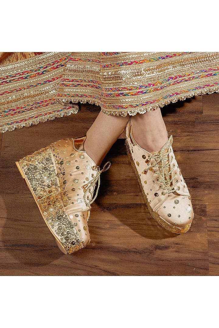Dark Gold Satin Sneaker Wedges by TIESTA at Pernia's Pop Up Shop